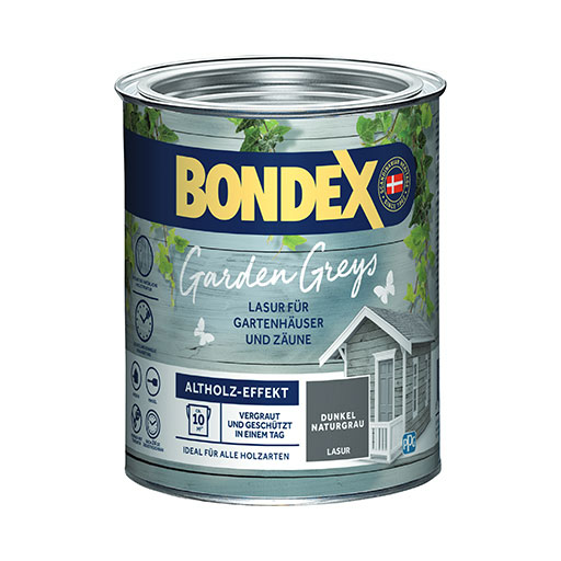 BONDEX Garden Greys Lasur für Altholz- Effekte in nur einem Tag!
<table cellpadding="2">
	<tbody>
		<tr>
			<td><img alt="Betont-die-naturliche-Holzstruktur" src="/kentico/getattachment/produkte/aussen/garden-greys-lasur/Betont-die-naturliche-Holzstruktur.jpg?lang=de-DE&amp;width=50&amp;height=50" style="width: 50px; height: 50px;" title="Schutz-vor-Witterungseinflussen.png" /></td>
			<td>Betont die Holzmaserung</td>
		</tr>
		<tr>
			<td><img alt="gebrauchsfertig" src="/kentico/getattachment/produkte/aussen/garden-greys-lasur/Gebrauchsfertig.jpg?lang=de-DE&amp;width=50&amp;height=50" style="width: 50px; height: 50px;" title="schnelltrocknend.png" /></td>
			<td>Gebrauchsfertig</td>
		</tr>
	</tbody>
</table>
<br />
*Auslaufprodukt - nur noch bei wenigen Verkaufsstätten/Onlinehändlern erhältlich.