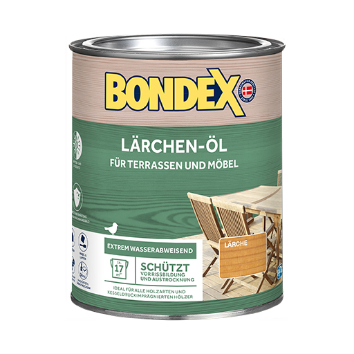 BONDEX Lärchen Öl zur Auffrischung des Farbtons.
<table cellpadding="2">
	<tbody>
		<tr>
			<td><img alt="Holzstruktur.png" src="/kentico/getattachment/produkte/aussen/dauerschutz-lasur/Sehr-hoher-Wetter-und-UV-Schutz.jpg?lang=de-DE&amp;width=50&amp;height=50" title="Holzstruktur.png" /></td>
			<td>Wetter- und UV-Schutz</td>
		</tr>
		<tr>
			<td><img alt="Schutzt-und-erhalt-das-naturliche-Erscheinungsbild.jpg" src="/kentico/getattachment/produkte/aussen/douglasien-ol/Schutzt-und-erhalt-das-naturliche-Erscheinungsbild.jpg?width=50&amp;height=50" title="Schutzt-und-erhalt-das-naturliche-Erscheinungsbild.jpg" /></td>
			<td>Schützt und erhält das natürliche Erscheinungsbild</td>
		</tr>
	</tbody>
</table>
