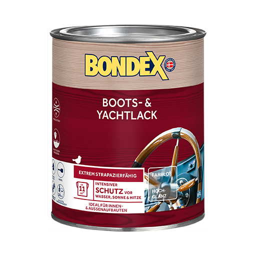 BONDEX BOOTS- &amp; YACHTLACK ist ein lösemittelhaltiger Lack für viele Innen- und Außenholzaufbauten auf Booten und Yachten oberhalb der Wasserlinie.
<table cellpadding="2">
	<tbody>
		<tr>
			<td><img alt="Hochelastisch.png" src="/kentico/getattachment/produkte/aussen/boots-yachtlack/Hochelastisch.jpg?lang=de-DE&amp;width=50&amp;height=50" style="width: 50px; height: 50px;" title="Hochelastisch.png" /></td>
			<td>Hochelastisch</td>
		</tr>
		<tr>
			<td><img alt="Hochelastisch.png" src="/kentico/getattachment/produkte/aussen/boots-yachtlack/Schutz-gegen-Verschleiss.jpg?lang=de-DE&amp;width=50&amp;height=50" style="width: 50px; height: 50px;" title="Hochelastisch.png" /></td>
			<td>Schutz gegen Verschleiss</td>
		</tr>
	</tbody>
</table>

