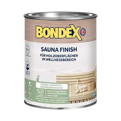 BONDEX SAUNA FINISH schützt und pflegt alle Sauna-Hölzer im Innenbereich auf Basis nachwachsender Rohstoffe und bildet eine wasser- und schmutzabweisende Oberfläche ohne Ausdünstungen oder Abfärben bei hohen Temperaturen. Das wasserbasierte Öl zieht tief ins Holz ein und bewahrt die natürliche Holzstruktur.
<table cellpadding="2">
	<tbody>
		<tr>
			<td><img alt="M1.jpg" src="/kentico/getattachment/produkte/innen/sauna_finish/M1.jpg" style="width: 50px; height: 50px;" title="M1.jpg" /></td>
			<td>Emissionarm</td>
		</tr>
		<tr>
			<td><img alt="Sicherheit-fur-Kinderspielzeug-nach-DIN-EN-71-3" src="/kentico/getattachment/produkte/innen/antikwachs-fest/Sicherheit-fur-Kinderspielzeug-nach-DIN-EN-71-3.jpg?lang=de-DE&amp;width=50&amp;height=50" title="Schutzt-und-erhalt-das-naturliche-Erscheinungsbild-(1).png" /></td>
			<td>Sicherheit für Kinderspielzeug nach DIN EN 71-3</td>
		</tr>
	</tbody>
</table>
