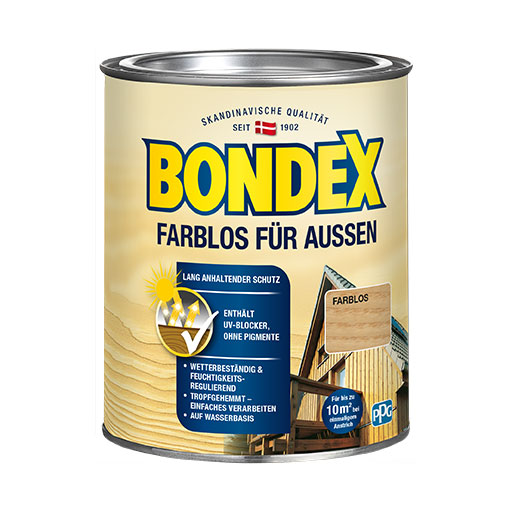 BONDEX Farblos für Aussen - Optimaler Schutz für neue Hölzer
<table cellpadding="2">
	<tbody>
		<tr>
			<td><img alt="Holzstruktur.png" src="/kentico/getattachment/produkte/aussen/dauerschutz-lasur/Sehr-hoher-Wetter-und-UV-Schutz.jpg?lang=de-DE&amp;width=50&amp;height=50" title="Holzstruktur.png" /></td>
			<td>Sehr hoher Wetter- und UV-Schutz</td>
		</tr>
		<tr>
			<td><img alt="Schutz-vor-Pilzbefall.png" src="/kentico/getattachment/produkte/aussen/farblos-fuer-aussen/Schutz-vor-Pilzbefall.jpg?lang=de-DE&amp;width=50&amp;height=50" style="width: 50px; height: 50px;" title="Schutz-vor-Pilzbefall.png" /></td>
			<td>Grünbelagsschutz des Anstrichs</td>
		</tr>
	</tbody>
</table>
