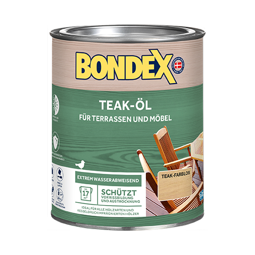 BONDEX Teak-Öl - Das schnelltrocknende Holz-Öl.
<table cellpadding="2">
	<tbody>
		<tr>
			<td><img alt="Holzstruktur.png" src="/kentico/getattachment/produkte/aussen/dauerschutz-lasur/Sehr-hoher-Wetter-und-UV-Schutz.jpg?lang=de-DE&amp;width=50&amp;height=50" title="Holzstruktur.png" /></td>
			<td>Wetter- und UV-Schutz</td>
		</tr>
		<tr>
			<td><img alt="Schutzt-und-erhalt-das-naturliche-Erscheinungsbild.jpg" src="/kentico/getattachment/produkte/aussen/douglasien-ol/Schutzt-und-erhalt-das-naturliche-Erscheinungsbild.jpg?width=50&amp;height=50" title="Schutzt-und-erhalt-das-naturliche-Erscheinungsbild.jpg" /></td>
			<td>Schützt und erhält das natürliche Erscheinungsbild</td>
		</tr>
	</tbody>
</table>
