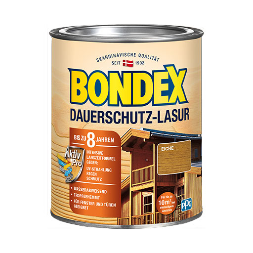 BONDEX Dauerschutz-Lasur - Ideal für Fenster und Türen. Das natürliche Abwittern lässt die Farbe nicht abplatzen.
<table cellpadding="2">
	<tbody>
		<tr>
			<td><img alt="Holzstruktur.png" src="/kentico/getattachment/produkte/aussen/dauerschutz-lasur/Sehr-hoher-Wetter-und-UV-Schutz.jpg?lang=de-DE&amp;width=50&amp;height=50" style="width: 50px; height: 50px;" title="Holzstruktur.png" /></td>
			<td>Wetter- und UV-Schutz</td>
		</tr>
		<tr>
			<td><img alt="Betont-die-naturliche-Holzstruktur.jpg" src="/kentico/getattachment/produkte/aussen/dauerschutz-lasur/Betont-die-naturliche-Holzstruktur.jpg?width=50&amp;height=50" style="width: 50px; height: 50px;" title="Betont-die-naturliche-Holzstruktur.jpg" /></td>
			<td>Betont die natürliche Holzstruktur</td>
		</tr>
	</tbody>
</table>
