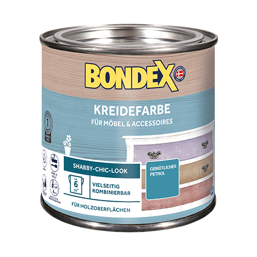 Trage zwei Schichten der BONDEX Kreidefarbe von zwei unterschiedlichen Farbtönen mit einem Pinsel auf das Möbelstück auf. Nach dem Trocknen gehe mit einem Schleifpapier über Ecken, Kanten und/oder Oberflächen.&nbsp;