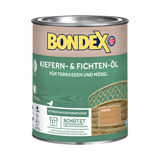 BONDEX Kiefern- und Fichten-Öl zur Auffrischung des Farbtons.
<table cellpadding="2">
	<tbody>
		<tr>
			<td><img alt="Holzstruktur.png" src="/kentico/getattachment/produkte/aussen/dauerschutz-lasur/Sehr-hoher-Wetter-und-UV-Schutz.jpg?lang=de-DE&amp;width=50&amp;height=50" title="Holzstruktur.png" /></td>
			<td>Wetter- und UV-Schutz</td>
		</tr>
		<tr>
			<td><img alt="Schutzt-und-erhalt-das-naturliche-Erscheinungsbild.jpg" src="/kentico/getattachment/produkte/aussen/douglasien-ol/Schutzt-und-erhalt-das-naturliche-Erscheinungsbild.jpg?width=50&amp;height=50" title="Schutzt-und-erhalt-das-naturliche-Erscheinungsbild.jpg" /></td>
			<td>Schützt und erhält das natürliche Erscheinungsbild</td>
		</tr>
	</tbody>
</table>
