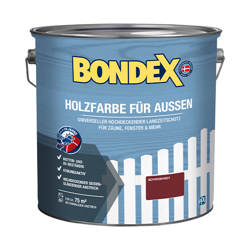 BONDEX Holzfarbe für Aussen - für alle Hölzer geeignet.
<table cellpadding="2">
	<tbody>
		<tr>
			<td><img alt="Sehr-hoher-Wetter-und-UV-Schutz.jpg" src="/kentico/getattachment/produkte/aussen/holzfarbe-fur-aussen/Sehr-hoher-Wetter-und-UV-Schutz.jpg?width=50&amp;height=50" style="width: 50px; height: 50px;" title="Sehr-hoher-Wetter-und-UV-Schutz.jpg" /></td>
			<td>Hoher Wetter- und UV-Schutz</td>
		</tr>
		<tr>
			<td><img alt="Schutz-vor-Pilzbefall.png" src="/kentico/getattachment/produkte/aussen/holzfarbe-fur-aussen/Grunbelagsschutz-des-Anstrichs.jpg?lang=de-DE&amp;width=50&amp;height=50" style="width: 50px; height: 50px;" title="Schutz-vor-Pilzbefall.png" /></td>
			<td>Grünbelagsschutz des Anstrichs</td>
		</tr>
	</tbody>
</table>
<br />
<br />
&nbsp;