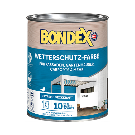 BONDEX WETTERSCHUTZ-FARBE bietet einen atmungsaktiven und hochdeckenden Wetterschutz für alle Hölzer im Außenbereich und das bis zu 10 Jahre.
<table cellpadding="2">
	<tbody>
		<tr>
			<td><img alt="Sehr-hoher-Wetter-und-UV-Schutz.png" src="/kentico/getattachment/produkte/aussen/wetterschutz-lasur/Sehr-hoher-Wetter-und-UV-Schutz.jpg?lang=de-DE&amp;width=50&amp;height=50" title="Sehr-hoher-Wetter-und-UV-Schutz.png" /></td>
			<td>Sehr hoher Wetter- und UV-Schutz</td>
		</tr>
		<tr>
			<td><img alt="Schutz-vor-Pilzbefall-(1).jpg" src="/kentico/getattachment/produkte/aussen/wetterschutz-farbe/Schutz-vor-Pilzbefall.jpg?lang=de-DE&amp;width=50&amp;height=50" style="width: 50px; height: 50px;" title="Schutz-vor-Pilzbefall-(1).jpg" /></td>
			<td>Schutz vor Pilzbefall</td>
		</tr>
	</tbody>
</table>
